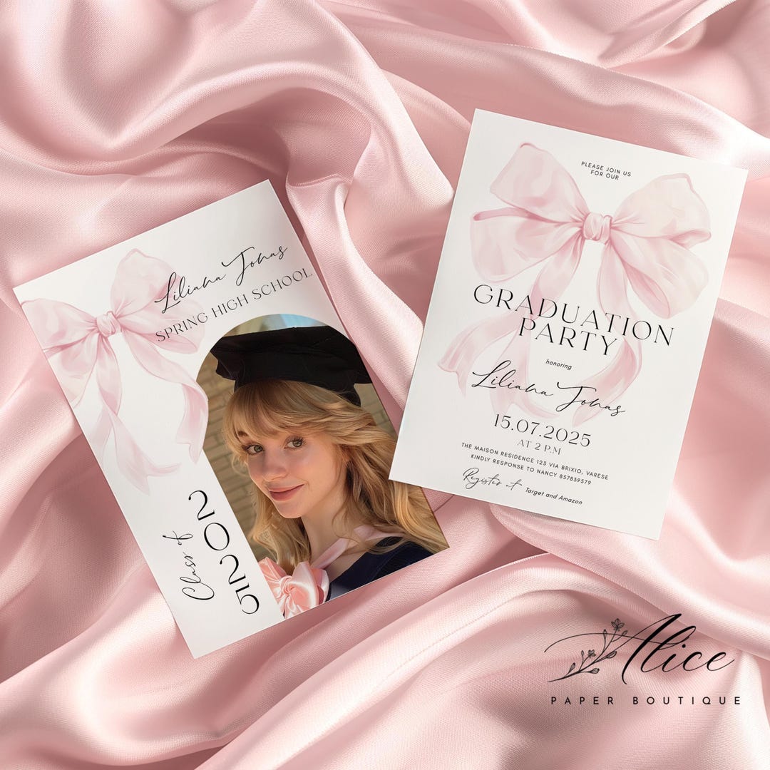 Pink Grad Invite Template Pink Bow Graduation Invitation, Photo Senior Grad Party Invite ...