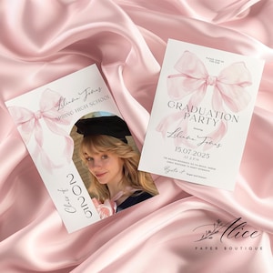 Pink Bow Graduation Invitation, Photo Senior Grad Party Invite, Printable Girl Graduation Announcement, Editable Coquette Grad Party Invite