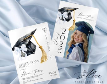 Blue Bow Graduation Invitation, Photo Grad Party Invite (Editable Template)