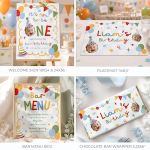 May include: A collection of birthday party stationery featuring a light blue checkered pattern, colorful bunting, and party hat graphics. Items include a welcome sign, a placemat, a bar menu, and a chocolate bar wrapper, all personalized with the name Liam.