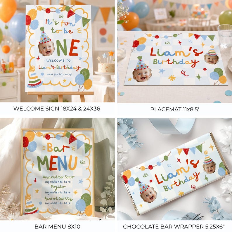 May include: A collection of birthday party stationery featuring a light blue checkered pattern, colorful bunting, and party hat graphics. Items include a welcome sign, a placemat, a bar menu, and a chocolate bar wrapper, all personalized with the name Liam.
