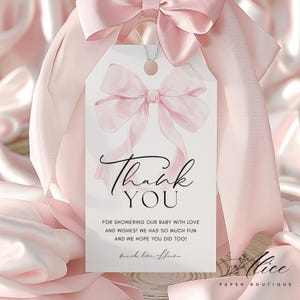 Printable Pink Bow Favor Tags, Pink Coquette Baby Shower Customized Tags, Pink Bow Gift Tags, Thank You Tags, Girl Baby Shower Tag Printable