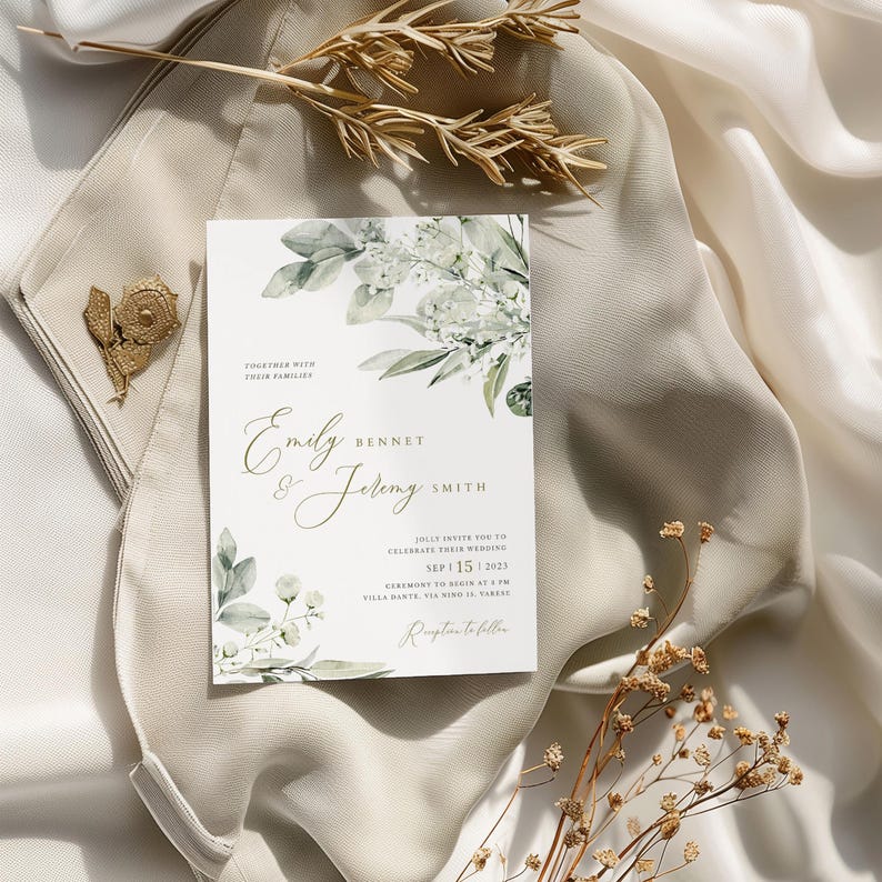 May include: A wedding invitation with a white background and green watercolor floral design. The invitation reads "Emily Bennet & Jeremy Smith" and includes the wedding date, "September 15, 2023".