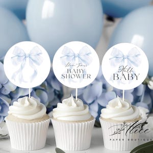 Blue Bow Baby Shower Cupcake Toppers, Blue Coquette Cake Toppers, Printable Cupcake Decoration, Editable Sticker Label Boy Baby Shower Blue