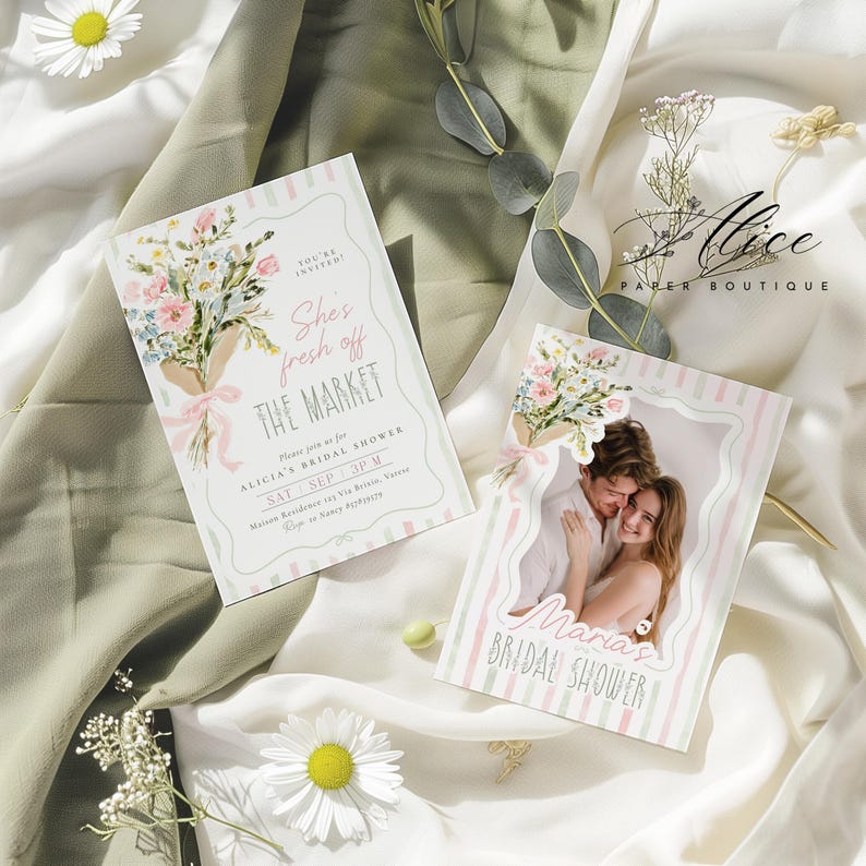 May include: Two bridal shower invitations with floral bouquets and text. One says "She's fresh off the market" and the other features a couple. The invitations have pink and green stripes and are on a white and green fabric.