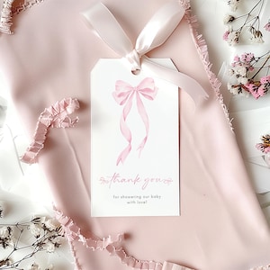 Printable Pink Bow Favor Tags, Pink Coquette Baby Shower Customized Tags, Pink Bow Gift Tags, Thank You Tags, Girl Baby Shower Tag Printable
