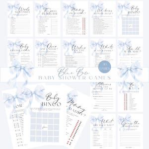 30 Blue Bow Baby Shower Games, Blue Coquette Games Printable, Dusty Blue Boy Shower Games Bundle, Printable Blue Ribbon Baby Party Game Pack