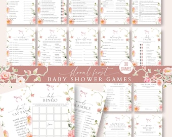 Pink Bow Baby Shower Games Bundle, Girl Wildflowers, Butterflies (Printable)