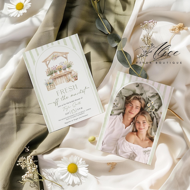 May include: Two invitation cards with a floral market design and a photo of a couple. The cards have a green and white striped border. The text on the card reads "FRESH off the market" and "Alice Paper Boutique".