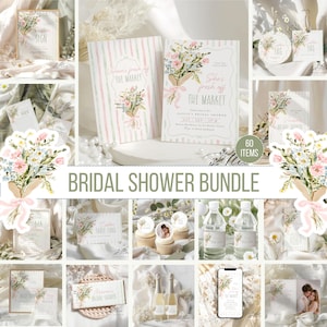 Può includere: Una collezione di articoli di cancelleria per un addio al nubilato, tra cui inviti, etichette e cartelli. I disegni presentano bouquet floreali con accenti rosa e blu. Il testo include "She's fresh off the market" e "Bridal Shower Bundle".