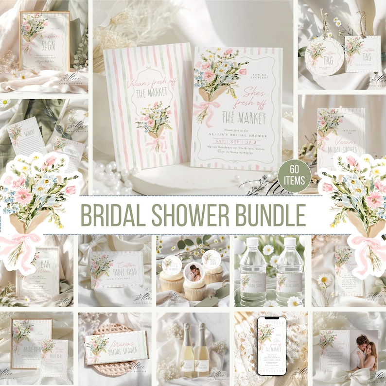 May include: A collection of bridal shower stationery items, including invitations, tags, and signs. The designs feature floral bouquets with pink and blue accents. The text includes "She's fresh off the market" and "Bridal Shower Bundle".