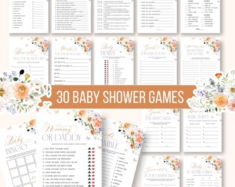 30 Baby in Bloom Baby Shower Games Bundle, Pink Bow Coquette Baby Shower Games Printable, Pink Wildflowers Butterflies Girl Baby Shower Game