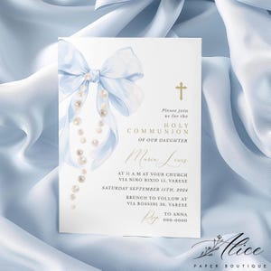 Faire-part de communion avec noeud bleu, faire-part de baptême bricolage, faire-part de baptême bleu, carte de cérémonie religieuse bébé garçon modifiable et imprimable