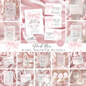 Puede incluir: Un conjunto para baby shower con diseños de lazo rosa. El conjunto incluye invitaciones, letreros y tarjetas con texto como "Baby Shower", "Thank You" y "Diaper Raffle". También se ve el texto "Pink Bow Baby Shower Bundle".
