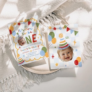May include: Two rectangular birthday invitation cards featuring a photo of a baby wearing a party hat. The cards display colorful illustrations of balloons, bunting, and the text It's fun to be ONE, Join us to celebrate Liam's Birthday, Saturday 15 August.