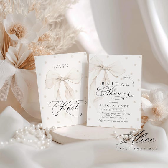 White Bow Bridal Shower Invitation, She's Tying the Knot Bridal Brunch Template, Bow and Pearls Editable Invitation, Neutral Shower Canva