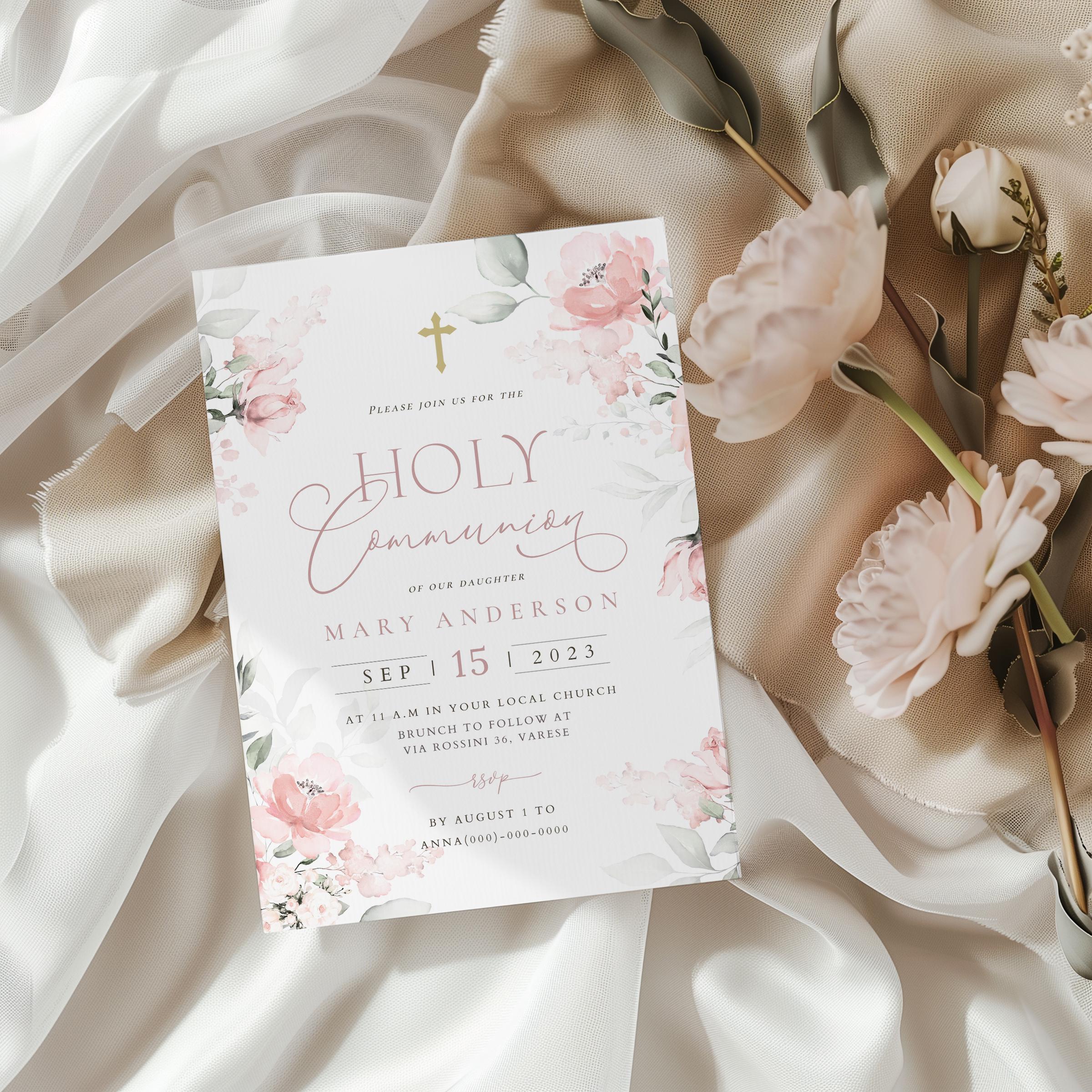 Pink Floral First Communion Invitation Template (digital) - Etsy