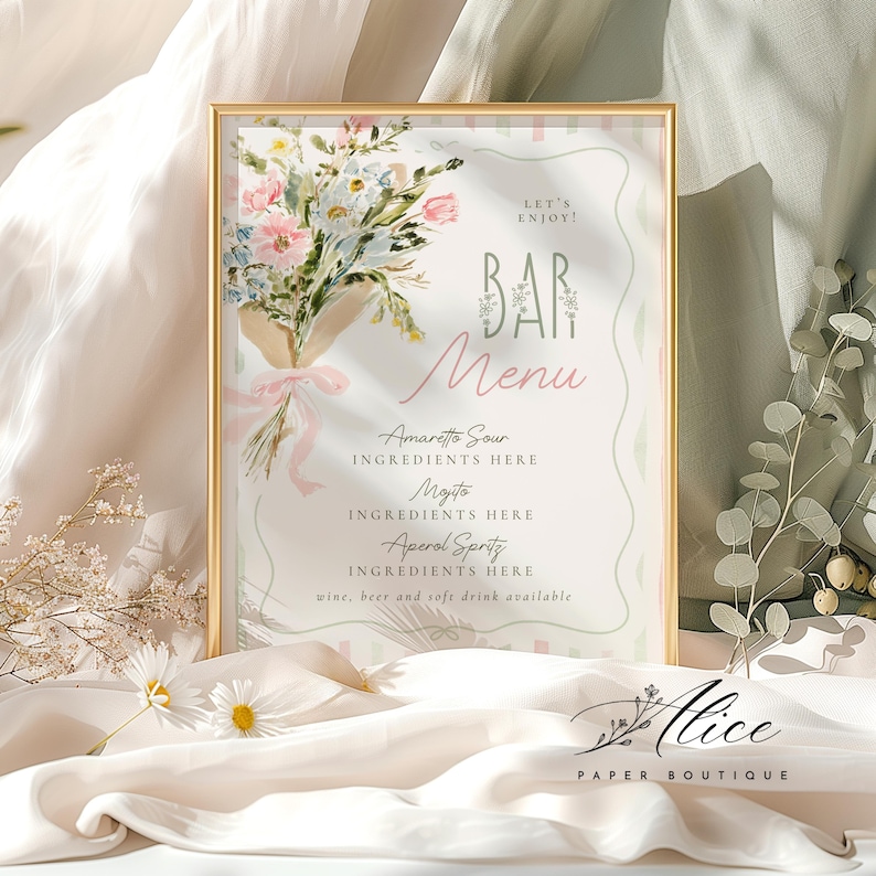 May include: A framed bar menu with a floral bouquet illustration. The menu features "Bar Menu" in script, with drink options like Amaretto Sour, Mojito, and Aperol Spritz. The design includes a gold frame and soft pastel colors.