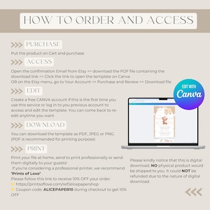 May include: A laptop screen displays a template with a baby shower theme. The image includes instructions on how to order and access the digital download, including steps for purchase, access, editing with Canva, download, and printing. Text includes a discount code.