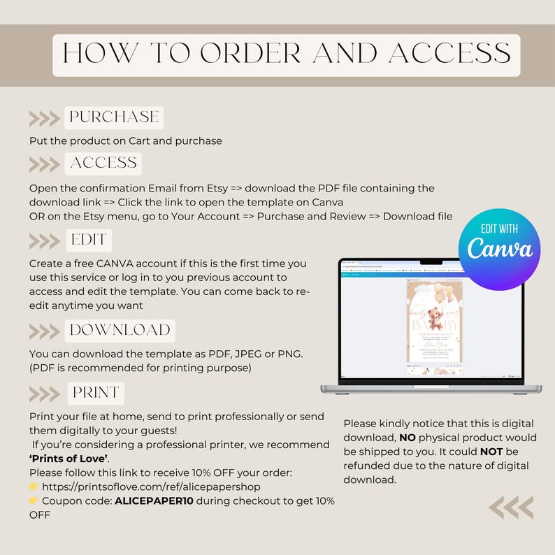 May include: A laptop screen displays a template with a baby shower theme. The image includes instructions on how to order and access the digital download, including steps for purchase, access, editing with Canva, download, and printing. Text includes a discount code.