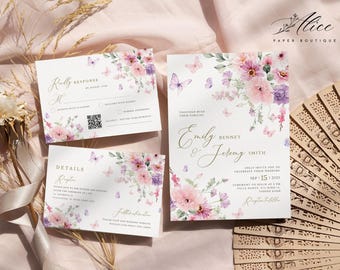 May include: Wedding invitation suite with a floral design featuring pink and purple flowers, butterflies, and greenery. The text on the invitation reads "Emily Bennet & Jeremy Smith" and "Join us to celebrate our wedding September 15, 2022".
