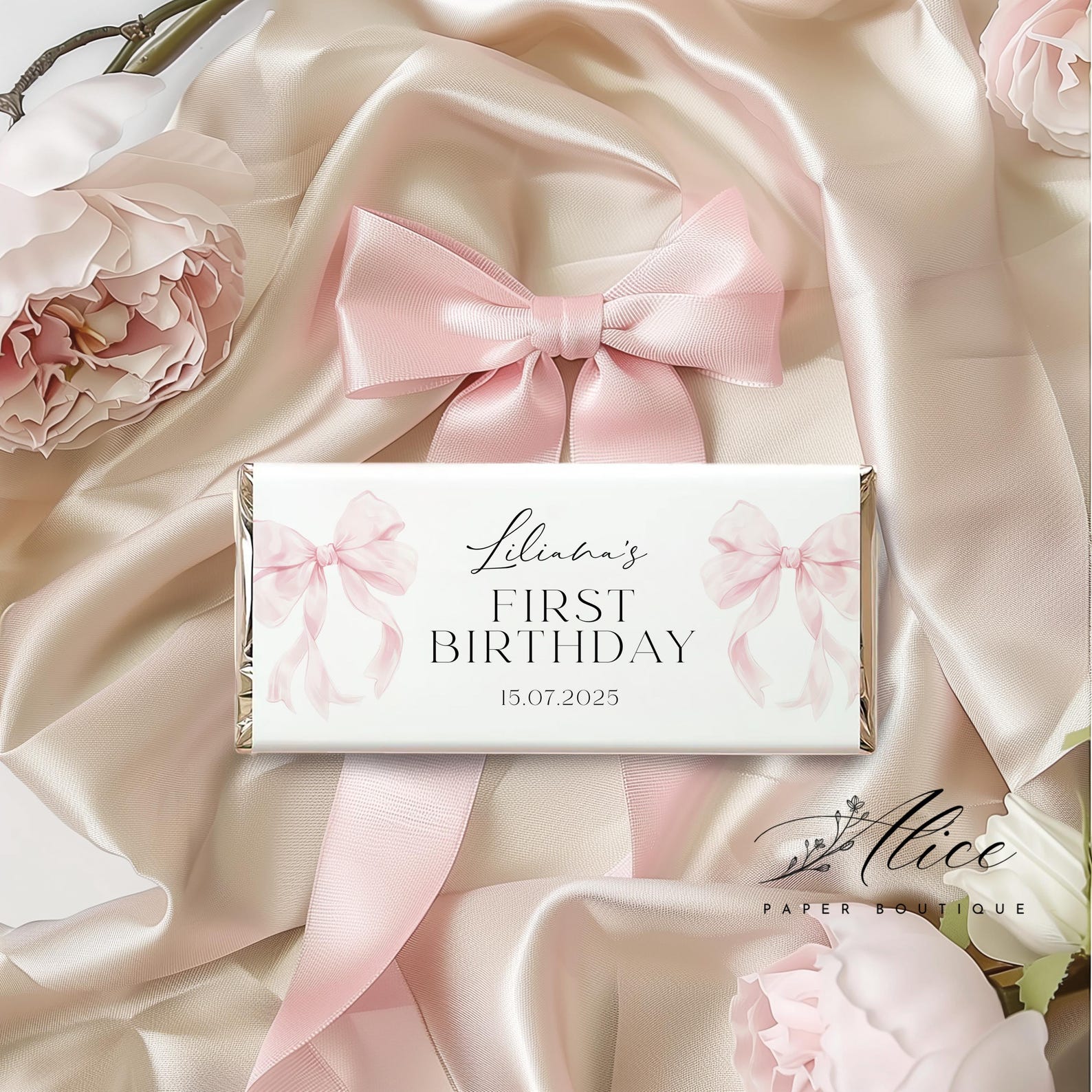 Pink Bow 1st Birthday Chocolate Wrapper, Coquette Favor Label (digital ...