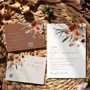 Boho terracotta floral Wedding Invitation Template, Minimalist wedding, Eucalyptus Wedding RSVP, Boho burn orange pampas Invite Printable