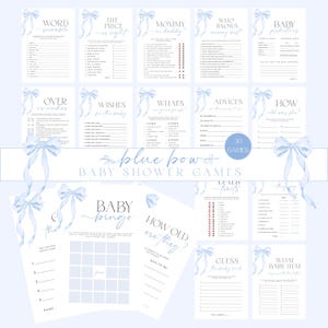 30 Blue Bow Baby Shower Games, Blue Coquette Games Printable, Dusty Blue Boy Shower Games Bundle, Printable Blue Ribbon Baby Party Game Pack