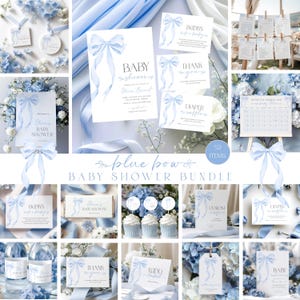 Blue Bow Baby Shower Invitation Bundle, Blue Bow Invitation, Editable shower Game, Dusty Blue Coquette Bow Baby Shower, Decoration Baby Boy