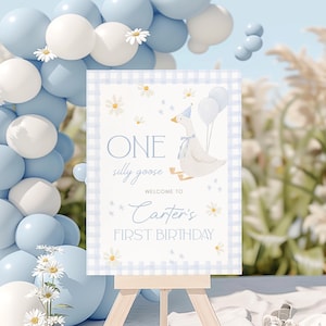 One Silly Goose Welcome Sign Printable, First Birthday Decor for Baby, Blue Gingham Editable Party Sign, Blue Silly Goose Party Decoration