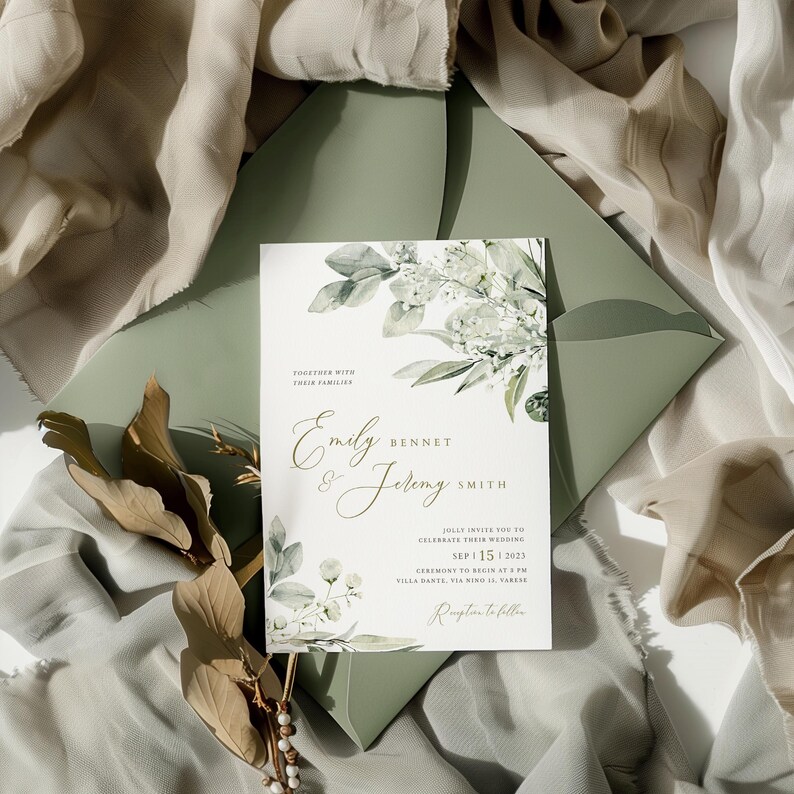 May include: A wedding invitation with a green and white floral design. The invitation reads "Together with their families, Emily Bennet & Jeremy Smith, Jolly invite you to celebrate their wedding, Sep 11, 2023, Ceremony to begin at 5 pm, Villa Dante, Via Nino II, Varese, Reception to follow."