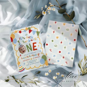 May include: A first birthday invitation card featuring a photo of a baby in a party hat, with text reading It's fun to be ONE, Liam's Birthday, Saturday 15 August, at 3 p.m. in Panza Residence 123, RSVP to Anna 875839, alongside a matching checkered card.