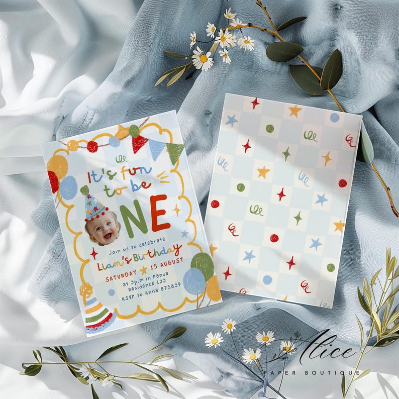May include: A first birthday invitation card featuring a photo of a baby in a party hat, with text reading It's fun to be ONE, Liam's Birthday, Saturday 15 August, at 3 p.m. in Panza Residence 123, RSVP to Anna 875839, alongside a matching checkered card.