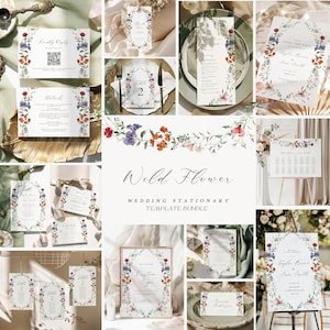 Elegant wild floral Wedding invitation BUNDLE Template, wild flower stationary template, romantic ceremony suite, editable RSVP, printable