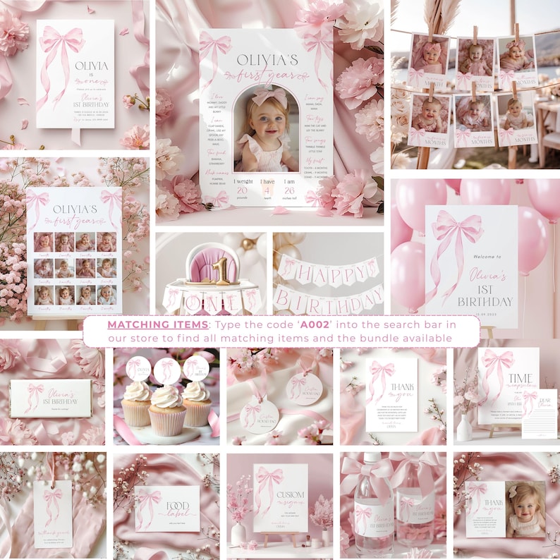 May include: Pink and white first birthday party decorations with a watercolor bow theme. The decorations include a banner, cupcake toppers, a welcome sign, a photo booth backdrop, and a photo collage. The text on the decorations says "Olivia's First Year" and "Olivia's 1st Birthday".