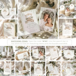 May include: A collection of stationery items with a floral market theme. Includes invitations, tags, signs, and labels. The invitations feature a couple's photo and the text "Fresh off the market". The color palette is soft with green and beige tones.