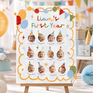 May include: A rectangular milestone board featuring the text Liam's First Year in colorful letters. The board displays twelve circular photos of a baby wearing a party hat, labeled from 1 month to 12 months, framed by a yellow scalloped border.