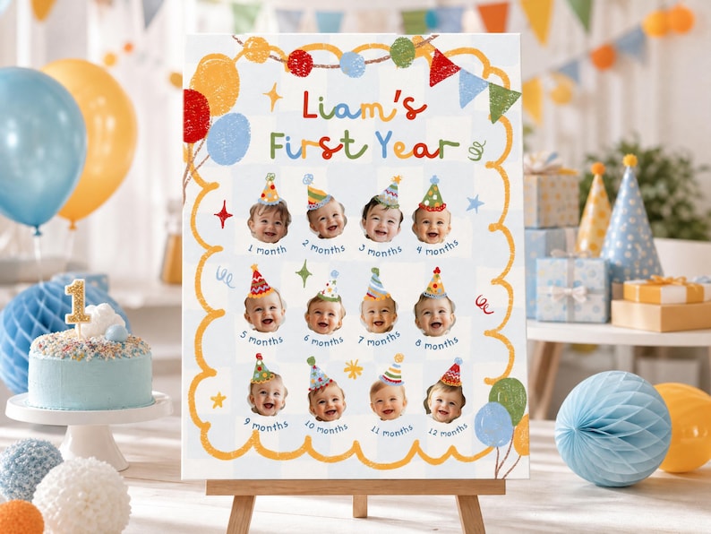 May include: A rectangular milestone board featuring the text Liam's First Year in colorful letters. The board displays twelve circular photos of a baby wearing a party hat, labeled from 1 month to 12 months, framed by a yellow scalloped border.