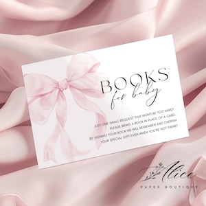 Pink Bow Books For Baby Card, Baby Shower Book Request Card, Pink Coquette Baby Shower Book For Baby, Baby Girl Book Request Printable
