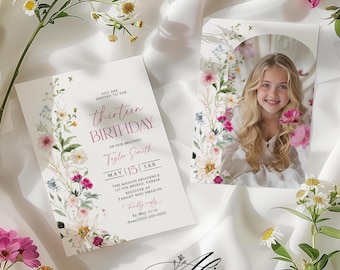 Wildflower 13th Birthday Invitation, Floral Teen Party (Editable Template)