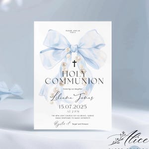Invitación de comunión con lazo azul, invitación de bautizo, invitación de bautismo azul, tarjeta de ceremonia religiosa para bebé niño editable e imprimible