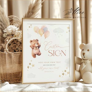 Balloon Bear Baby Shower Custom Sign, Bearly Wait Custom Baby Shower Sign, Gender Neutral Teddy Bear Baby Party Decor, Editable Table Sign