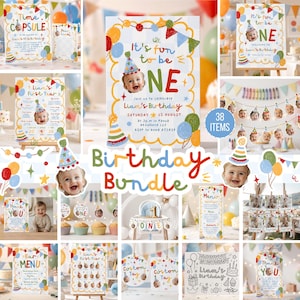 May include: A birthday party decoration bundle featuring colorful signs, banners, and cards with illustrations of party hats, balloons, and bunting. The text includes "It's fun to be ONE," "Liam's Birthday," "Time Capsule," and "First Year."