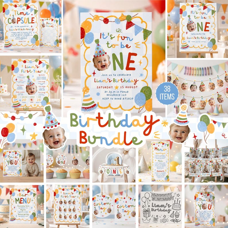 May include: A birthday party decoration bundle featuring colorful signs, banners, and cards with illustrations of party hats, balloons, and bunting. The text includes "It's fun to be ONE," "Liam's Birthday," "Time Capsule," and "First Year."