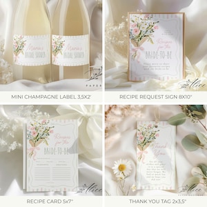 May include: A collection of bridal shower stationery items. Includes mini champagne labels, a recipe request sign, recipe cards, and thank you tags. Each item features floral bouquets and the text "Maria's Bridal Shower" or "Recipes for the Bride-to-Be".