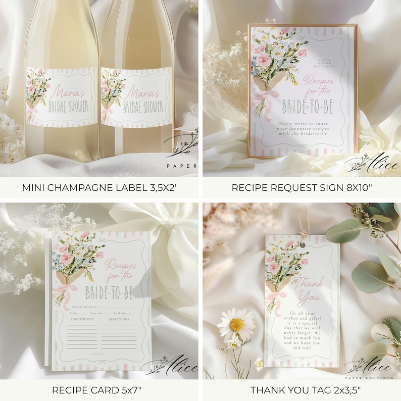 May include: A collection of bridal shower stationery items. Includes mini champagne labels, a recipe request sign, recipe cards, and thank you tags. Each item features floral bouquets and the text "Maria's Bridal Shower" or "Recipes for the Bride-to-Be".