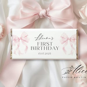 Pink Bow Chocolate Wrapper Printable, Pink Coquette 1st Birthday Favor Chocolate Label, Candy Bar Wrapper Template, Chocolate Bar Template