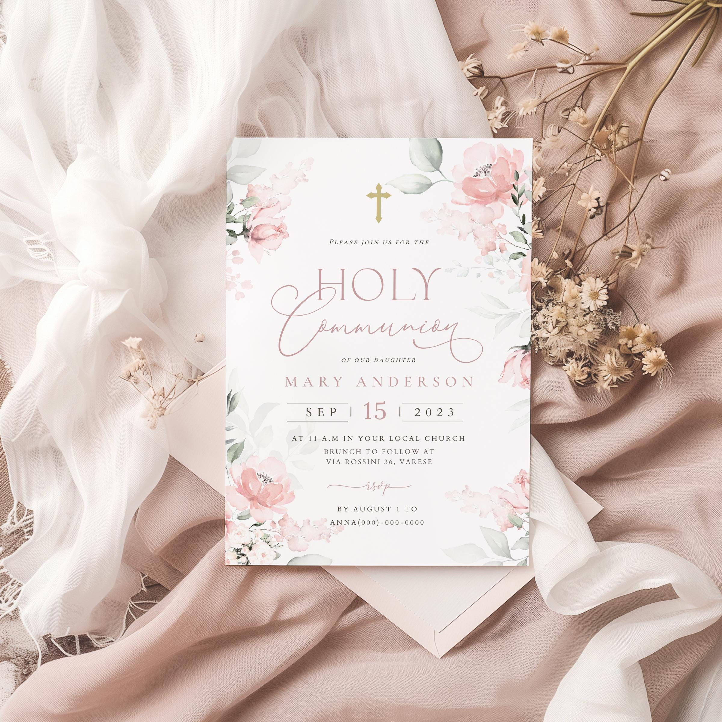 Pink Floral First Communion Invitation Template (digital) - Etsy