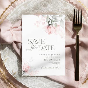 Plantilla para guardar la fecha de boda en color rosa ruborizado, elegante traje de boda, invitación de boda verde salvia editable, conjunto de boda imprimible en color rosa suave