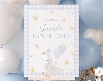 Silly Goose Baby Shower Welcome Sign, Blue Gingham, Editable (Digital Download)